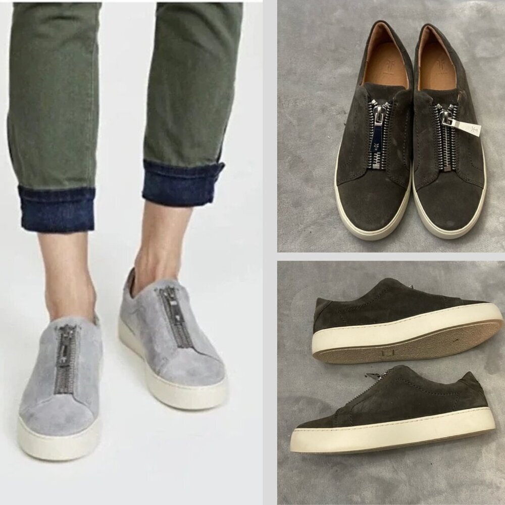 Frye Lena Green Gray Suede Low Top Zip Casual Comfort Sneaker Size 7.5M
